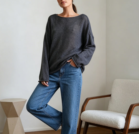 Damen luftiger Oversize-Feinstrickpullover mit weitem Arm und Rundhalsausschnitt EB