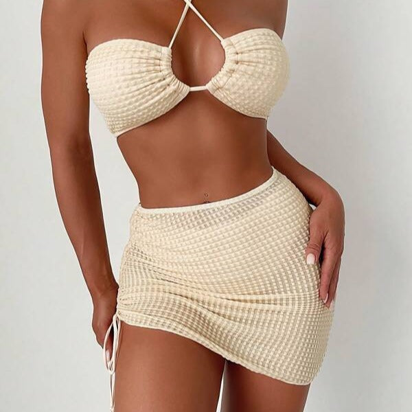 Damen Bandeau-Bikini mit verstellbaren Trägern und schnürbarem Rock EB