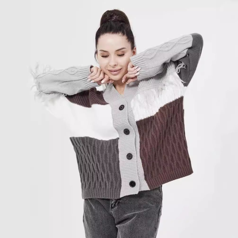Damen Strickjacke mit modischem Blockstreifenmuster und klassischem Knopfverschluss EB
