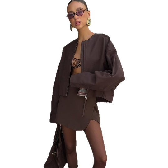 Damen modische cropped Jacke mit kurzem Schnitt und passendem Rock EB