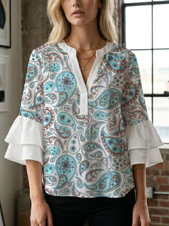 Damen Blusenshirt mit voluminösen Ärmeln und kreativem Druckdesign EB
