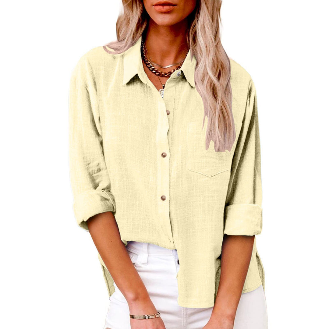 Damen nan oversized Leinen-Baumwollmix Hemdbluse mit Brusttasche und krempelbaren Ärmeln EB