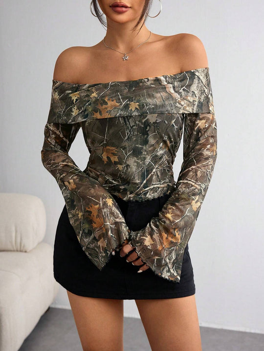 Damen nan schulterfreies Langarm-Top mit Camouflage-Blattmuster und ausgestellten Ärmeln EB