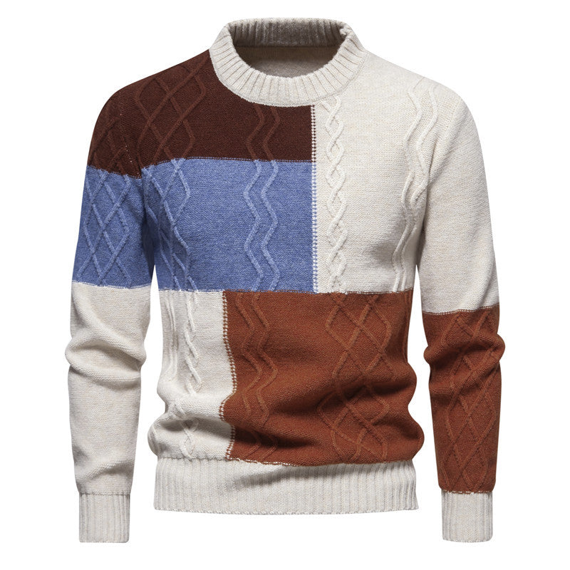 Herren Strickpullover mit modernem Zopfmuster und buntem Blockdesign EB