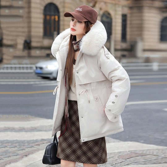 Damen Modischer Pufferparka mit luxuriösem Kunstfellkragen und praktischen Taschen EB