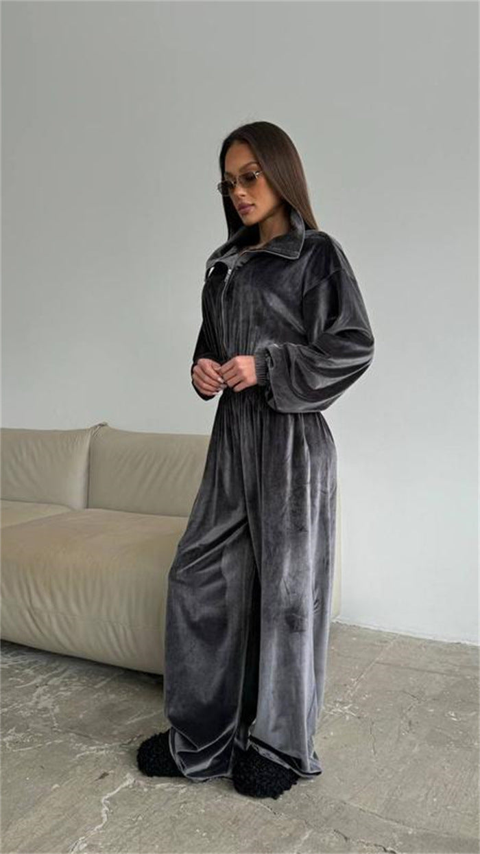 Damen Samt-Jumpsuit mit weitem Bein, elastischer Taillenpartie und Stehkragen EB