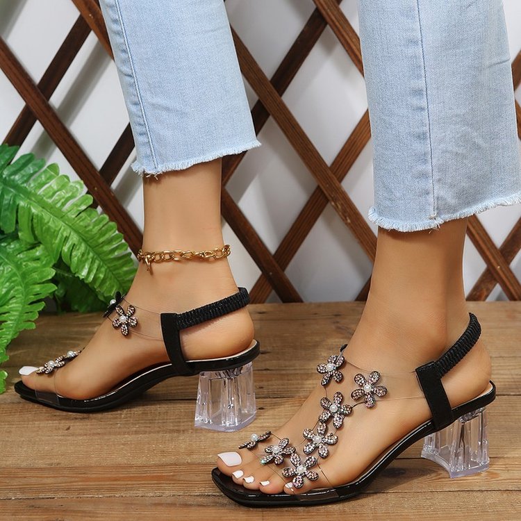 Damen Elegante Sandalen mit Blumenapplikationen und transparentem Absatz EB