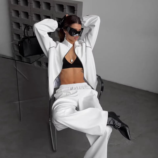 Damen Zweiteiliges Loungewear-Set mit Stehkragen-Zipjacke und weiter Bundfaltenhose EB