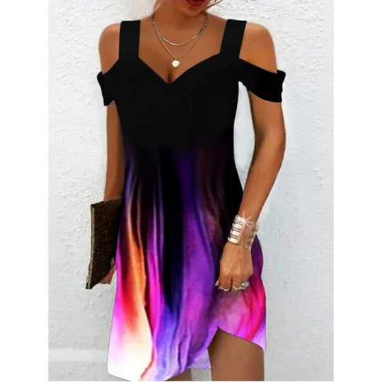 Damen Off-Shoulder Sommerkleid mit schwingendem Saum und aufregendem Spiraldesign EB