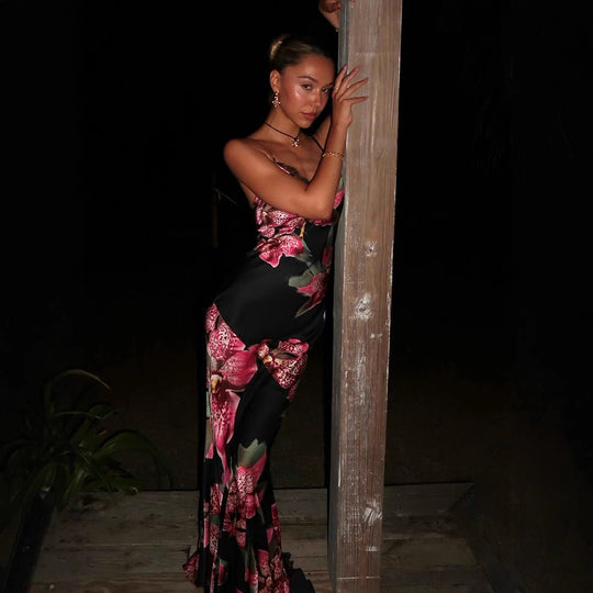 Damen Maxikleid mit floralem Seiden-Effekt und feinen Spaghettiträgern EB
