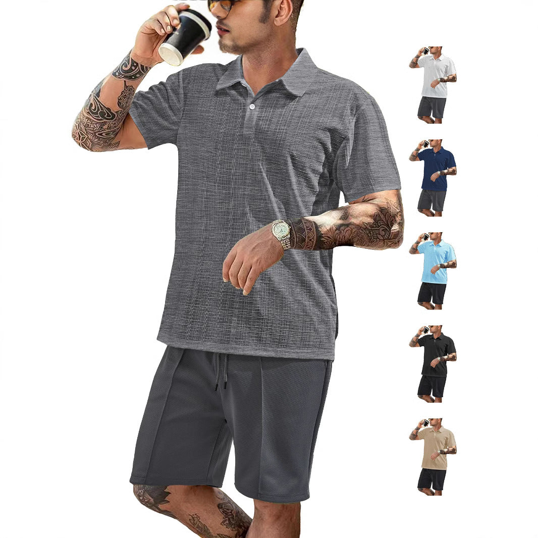 Herren nan zweiteiliges Sommer-Reise-Set mit texturiertem Kurzarm-Poloshirt und funktionalen Mesh-Shorts EB