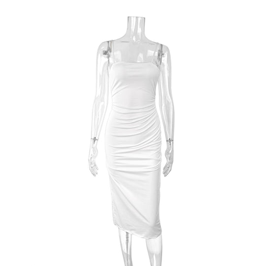 Damen figurbetontes Midi-Kleid mit schulterfreien Trägern und tiefem Schlitz EB