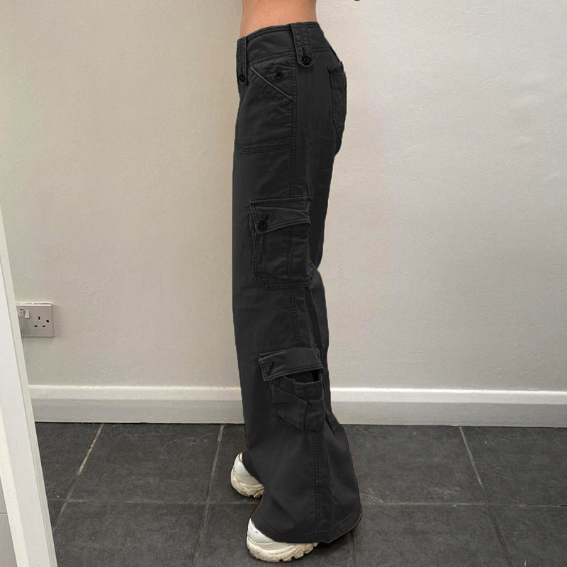 Damen nan hohe Taille Cargo-Hose mit geradem Bein, mehrfachen Klappentaschen und markanten Knopfdetails EB