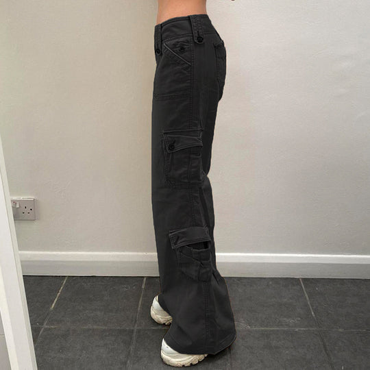 Damen nan hohe Taille Cargo-Hose mit geradem Bein, mehrfachen Klappentaschen und markanten Knopfdetails EB