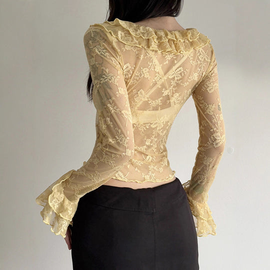 Damen Elegant verziertes Langarmoberteil aus Spitze mit Rüschen EB