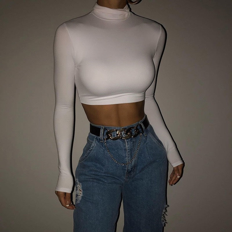 Damen Modisches Crop-Top mit hohem Kragen und langem Arm EB