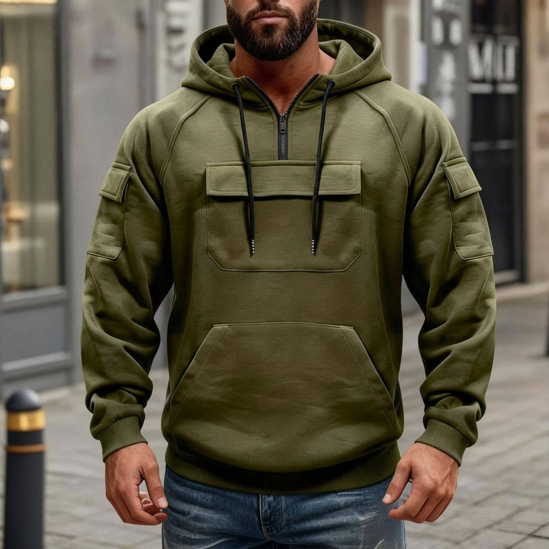 Herren nan funktionaler Kapuzenpullover mit halbem Frontreißverschluss, aufgesetzter Fronttasche mit Klappe und Kängurutasche EB