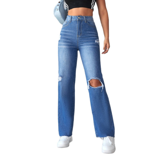 Damen Weit geschnittene Ripped Jeans mit hohem Bund EB