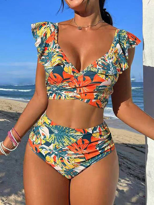 Damen Hoch-tailliertes Badebikini mit verspielten Rüschendetails EB