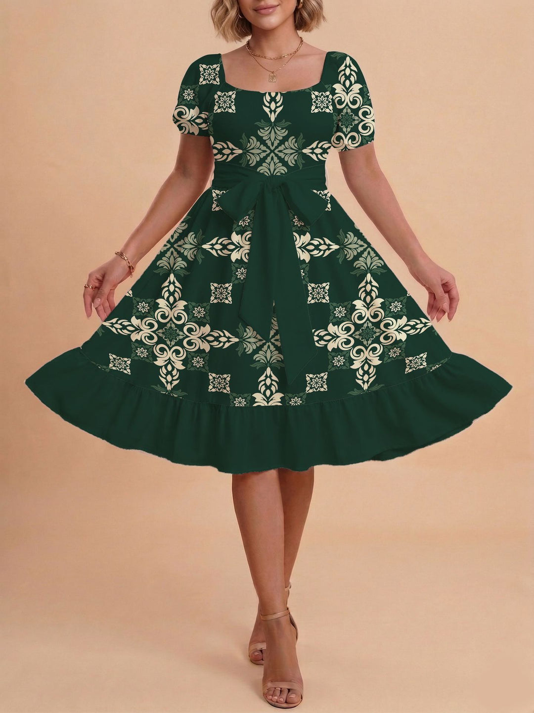 Damen Retro Maxikleid mit Puffärmeln und Taillengürtel EB