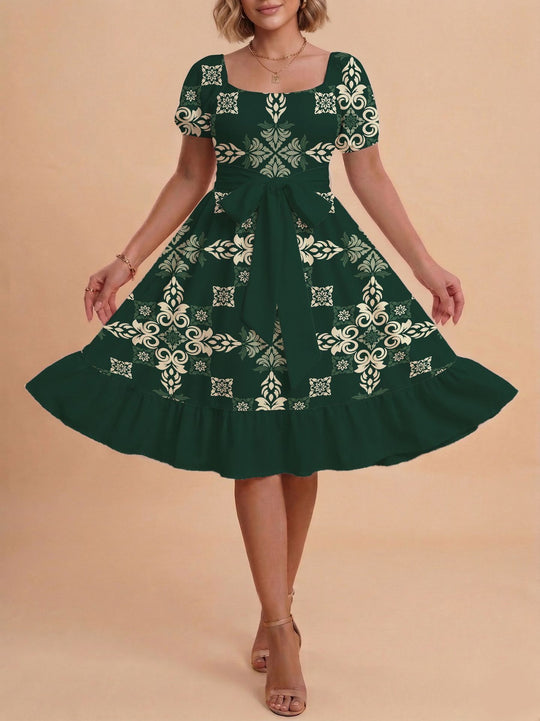 Damen Retro Maxikleid mit Puffärmeln und Taillengürtel EB