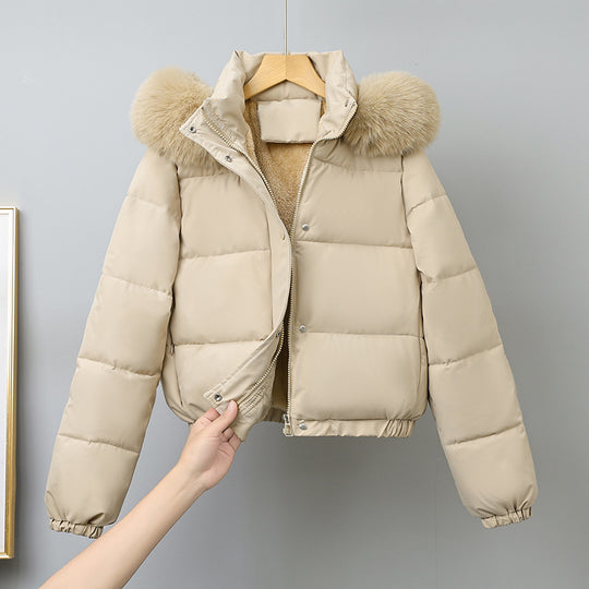 Damen nan kurz geschnittener Thermo-Blouson mit voluminöser Kapuzenblende und elastischem Saum EB