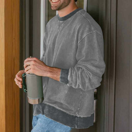 Herren lässiger Rundhals-Sweatshirt mit Vintage-Waschung und bequemen Bund EB