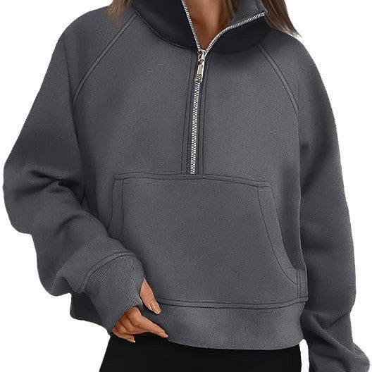 Damen nan cropped Halbzip-Sweatshirt mit hohem Stehkragen, Kängurutasche und überschnittener Schulter EB