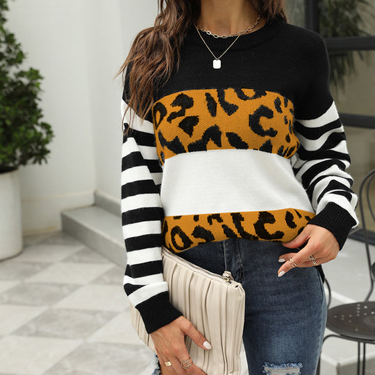 Damen modischer Pullover mit auffälligem Leopardenmuster und gestreiften Ärmeln EB