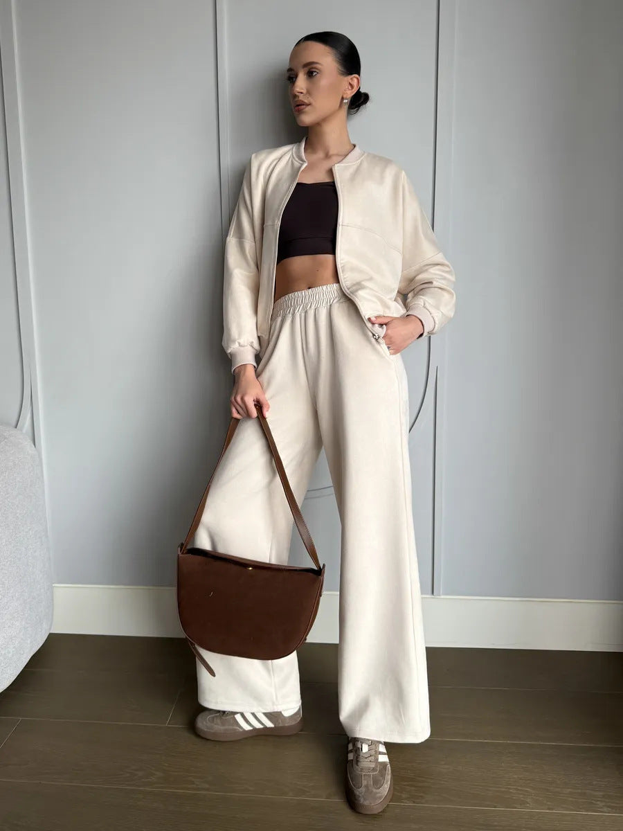 Damen nan zweiteiliges Velours-Loungewear-Set mit kurzem Zip-Hoodie und weiter Highwaist-Hose EB
