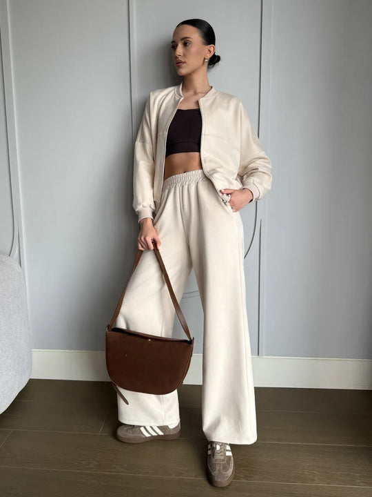 Damen nan zweiteiliges Velours-Loungewear-Set mit kurzem Zip-Hoodie und weiter Highwaist-Hose EB