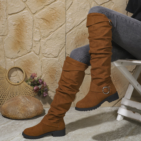 Damen modische Overkneestiefel mit lässigem Falten-Look und robustem Profil EB