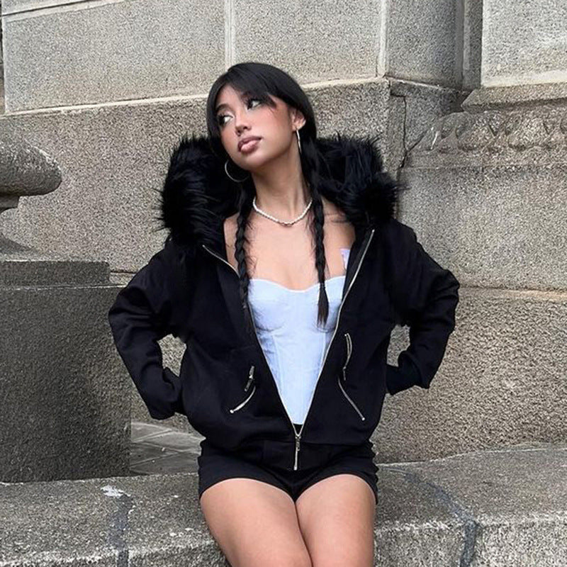 Damen warme Sweatjacke mit abnehmbarem Kunstfellkragen EB