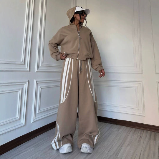 Damen Oversize Kapuzen-Sweatjacke mit Reißverschluss und weitem Trackpant-Set EB