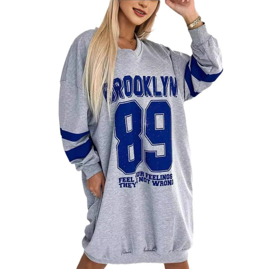 Damen Oversized Freizeitkleid mit abgerundetem Saum und V-Ausschnitt EB
