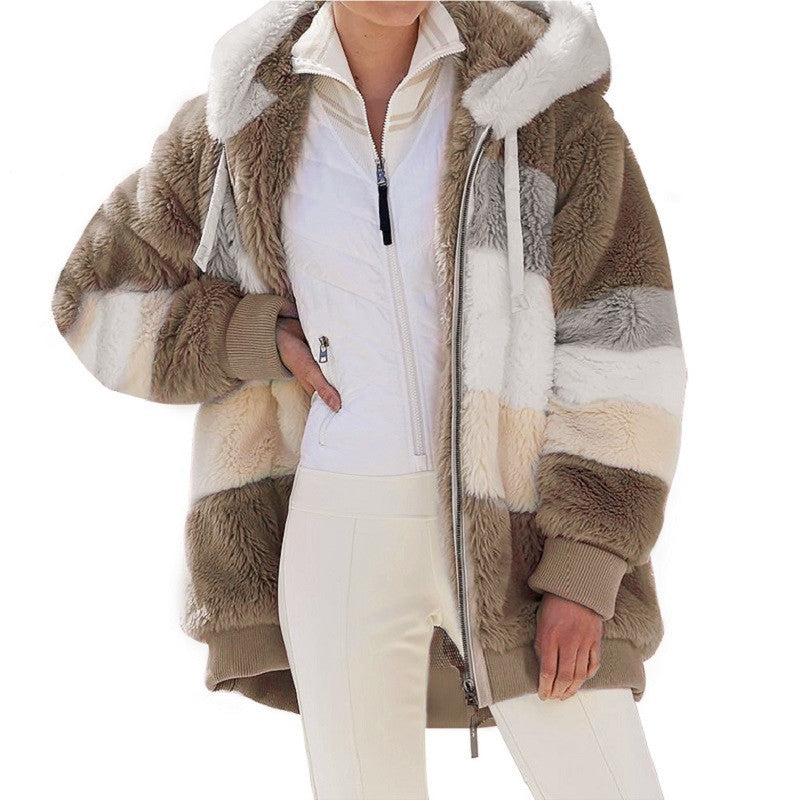 Damen nan Oversize Teddyfell-Kapuzenjacke mit Farbblock-Streifen, hochwertigem Reißverschluss und gerippten Bündchen EB