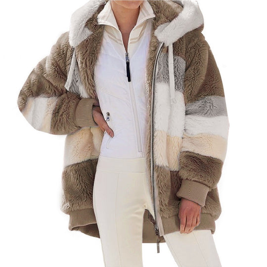 Damen nan Oversize Teddyfell-Kapuzenjacke mit Farbblock-Streifen, hochwertigem Reißverschluss und gerippten Bündchen EB