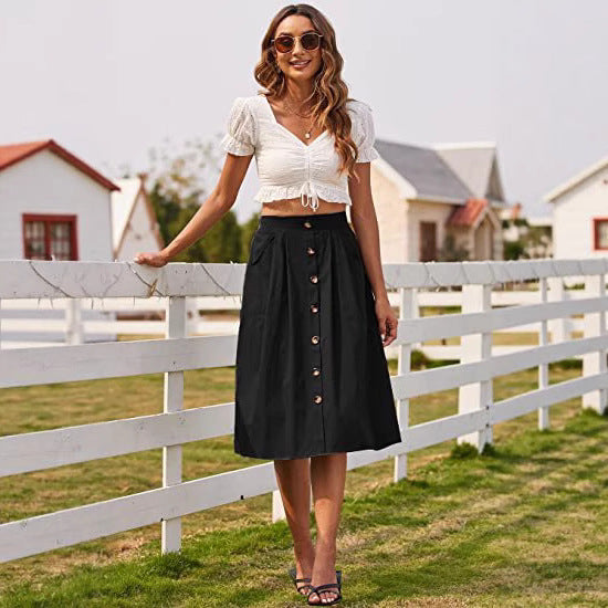 Damen Midi-Rock mit Knopfleiste und praktischen Taschen EB