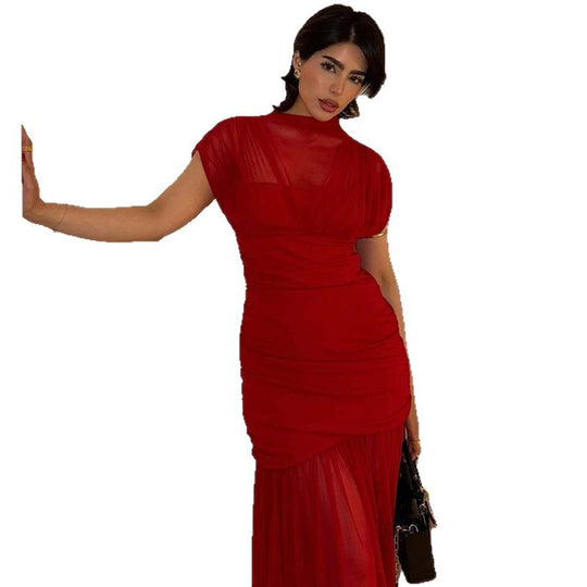 Damen Elegantes Maxikleid mit transparentem Oberteil und figurbetonendem Unterbau EB