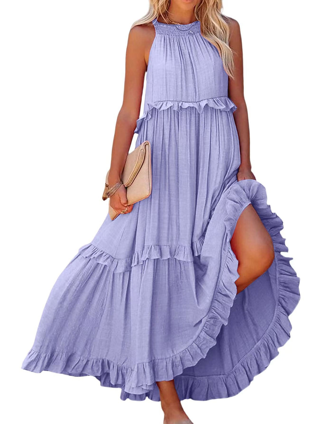 Damen Luftiges Maxikleid mit Rüschendetails und hoher Taille EB