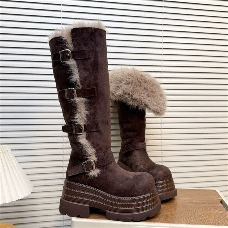 Damen Fleecegefütterte Winterstiefel mit modischen Schnallen und platform Sohle EB