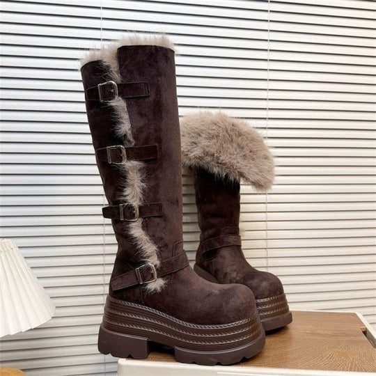 Damen Fleecegefütterte Winterstiefel mit modischen Schnallen und platform Sohle EB