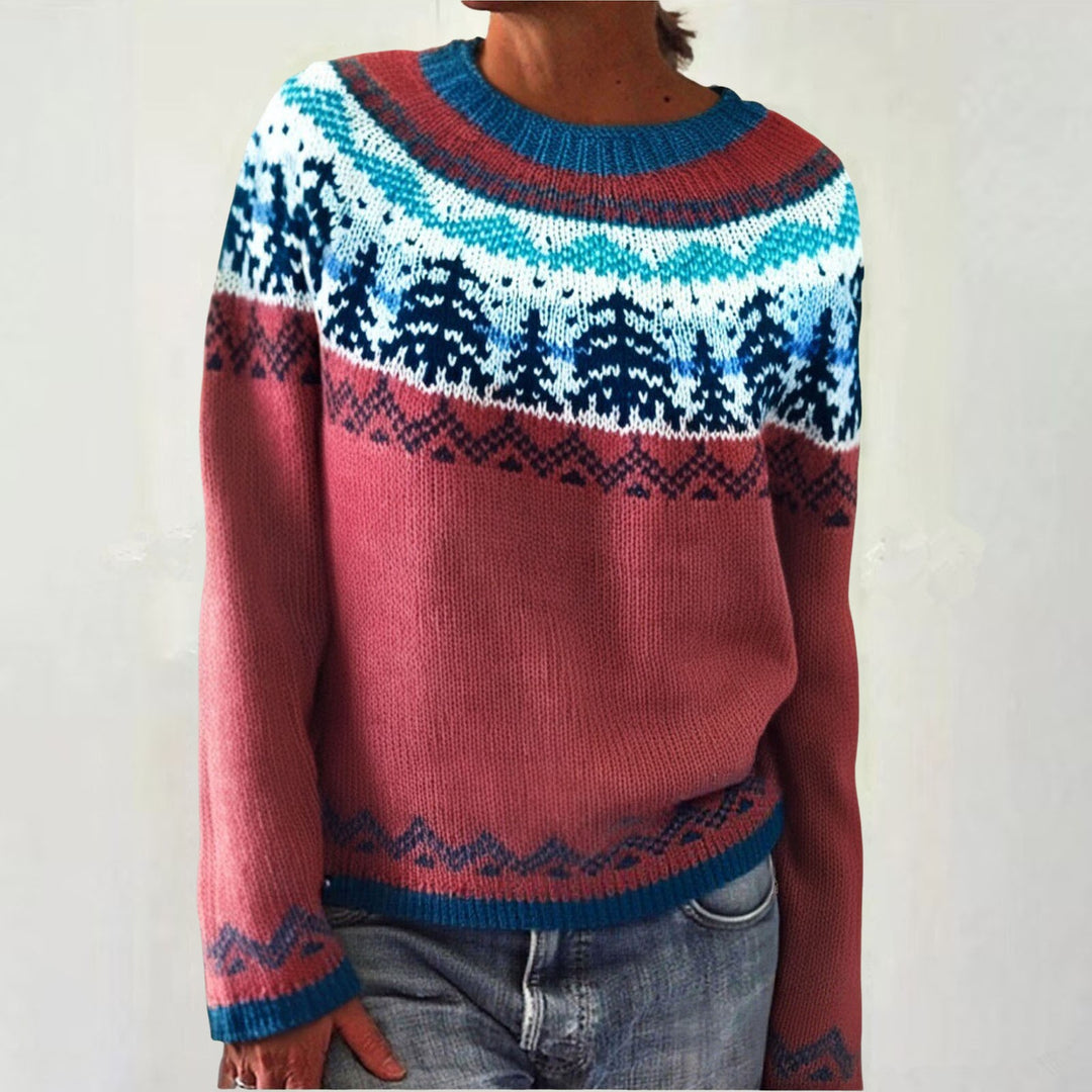 Damen nan melierter Rundhalsausschnittpullover mit kreisförmigem Jacquard-Yoke und geripptem Saum EB