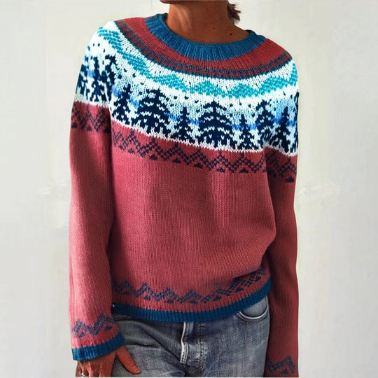 Damen nan melierter Rundhalsausschnittpullover mit kreisförmigem Jacquard-Yoke und geripptem Saum EB
