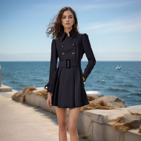 Damen eleganter Trenchcoat mit tailliertem Schnitt und dekorativen Knöpfen EB