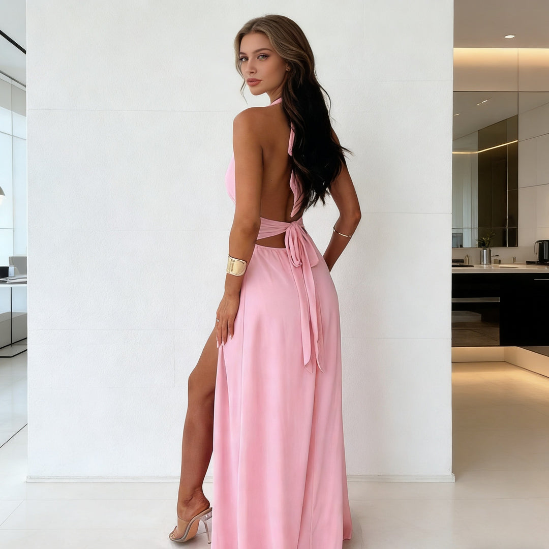 Damen Maxikleid mit tiefem V-Ausschnitt und hohem Schlitz EB