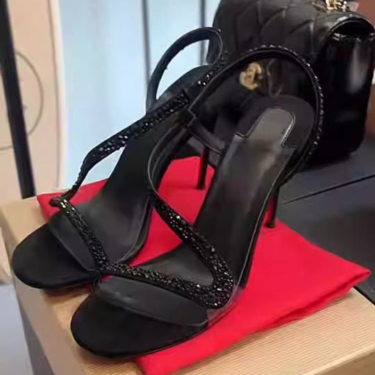 Damen elegante High Heel Sandalen mit funkelnder Strassverzierung EB