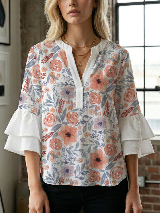 Damen Bluse mit voluminösen Ärmeln und floralem Design EB