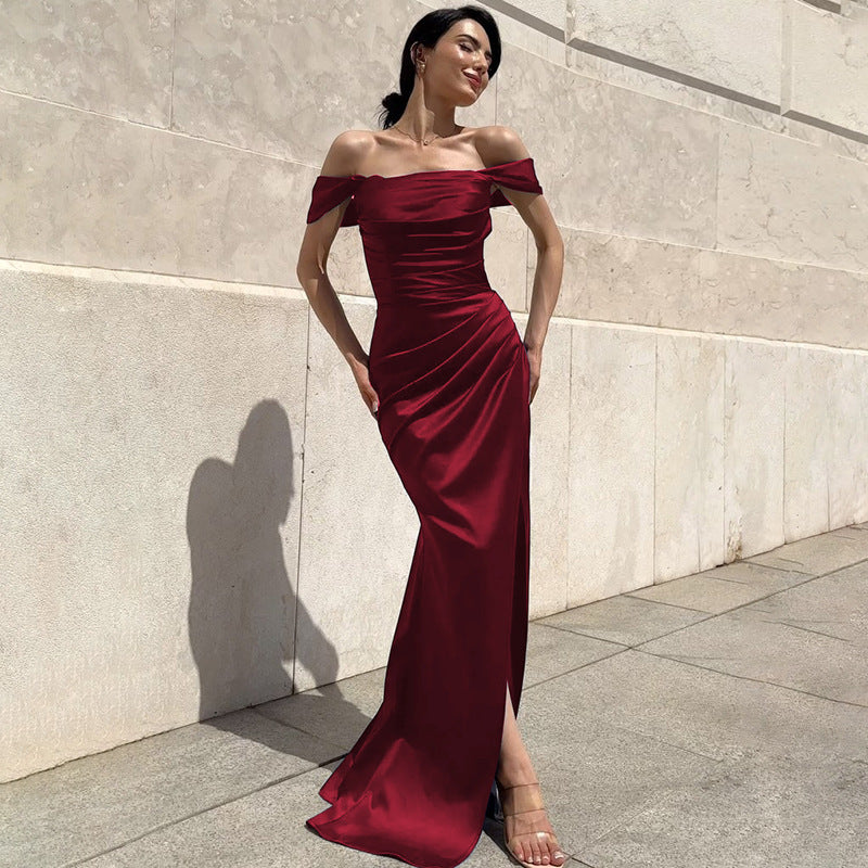 Damen Elegantes Maxikleid mit Off-Shoulder Schnitt und Raffungen EB