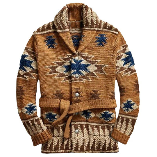 Damen Strickjacke mit beeindruckendem geometrischem Muster und integriertem Gürtel EB